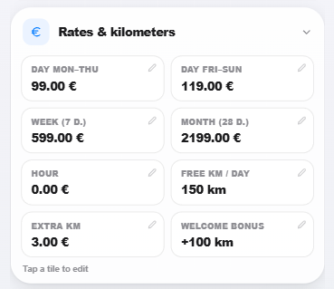 Die Preisfelder eines Fahrzeugs.